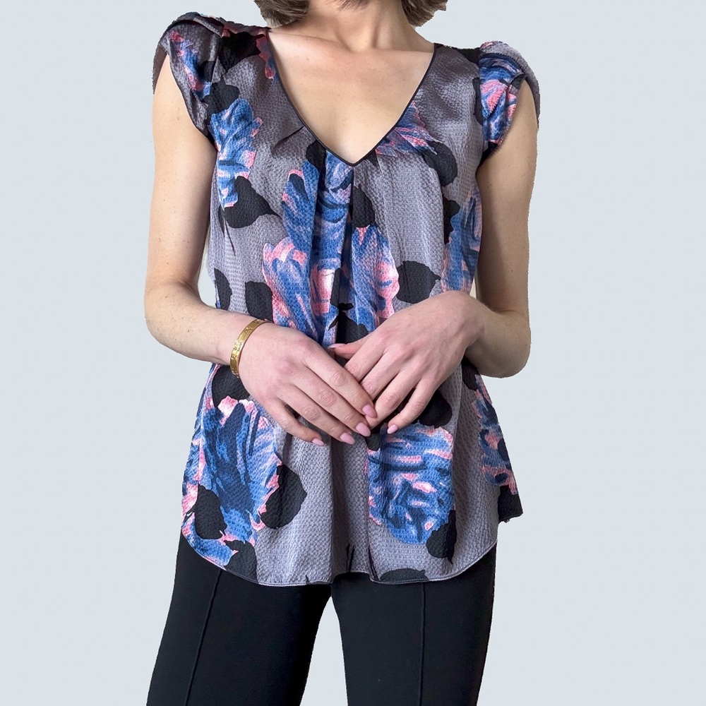 Rebecca Taylor Purple and Blue Relaxed Ruffled Cap Sleeve Top